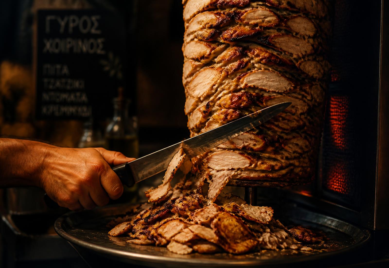 Pork gyros being sliced from the rotisserie at Ψήσου Street Food