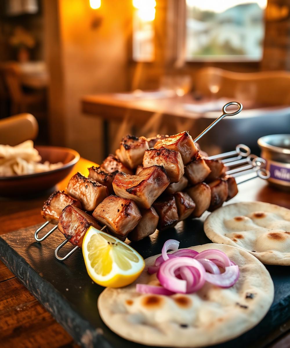 Grilled pork souvlaki skewers with pita and lemon
